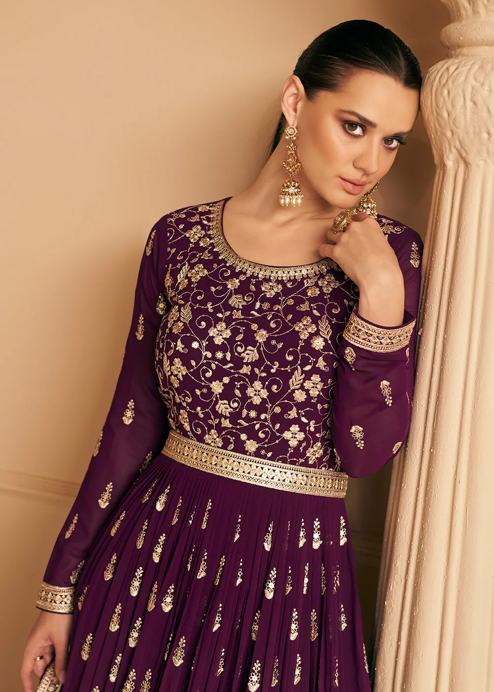 Tempting Real Georgette Purple Wedding Wear Anarkali Suit