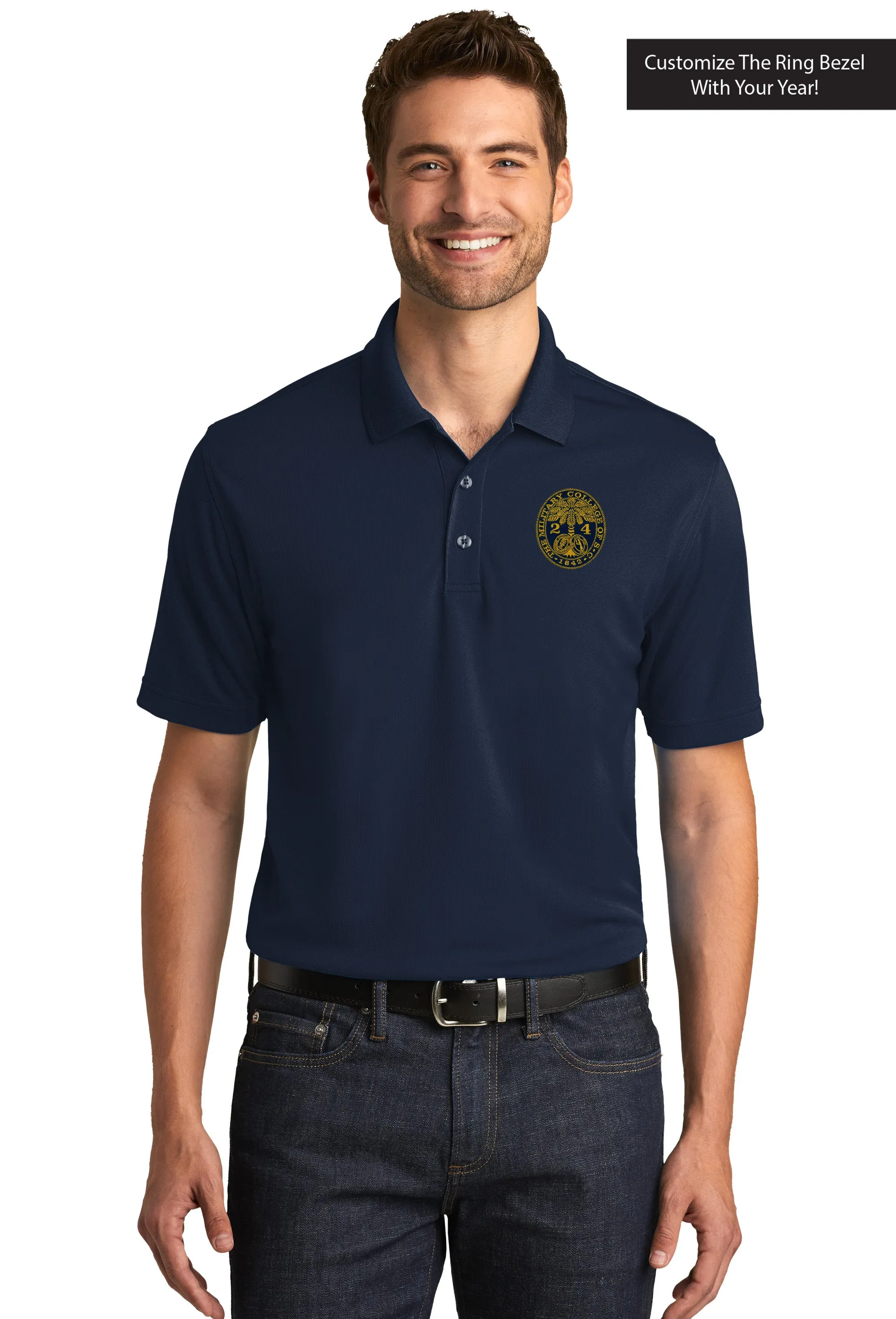 The Citadel, Customizable (Your Year) Embroidered Ring Bezel Design, UV Micro-Mesh Polo Shirt