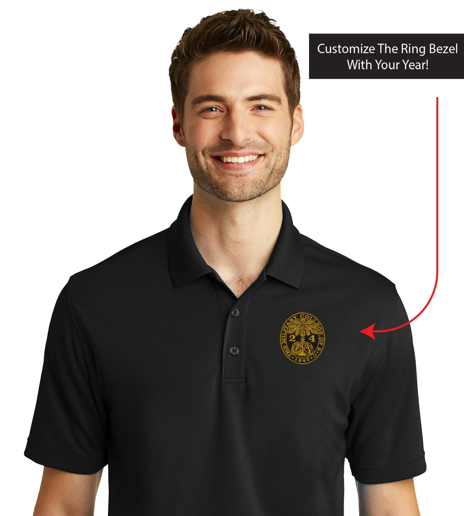 The Citadel, Customizable (Your Year) Embroidered Ring Bezel Design, UV Micro-Mesh Polo Shirt
