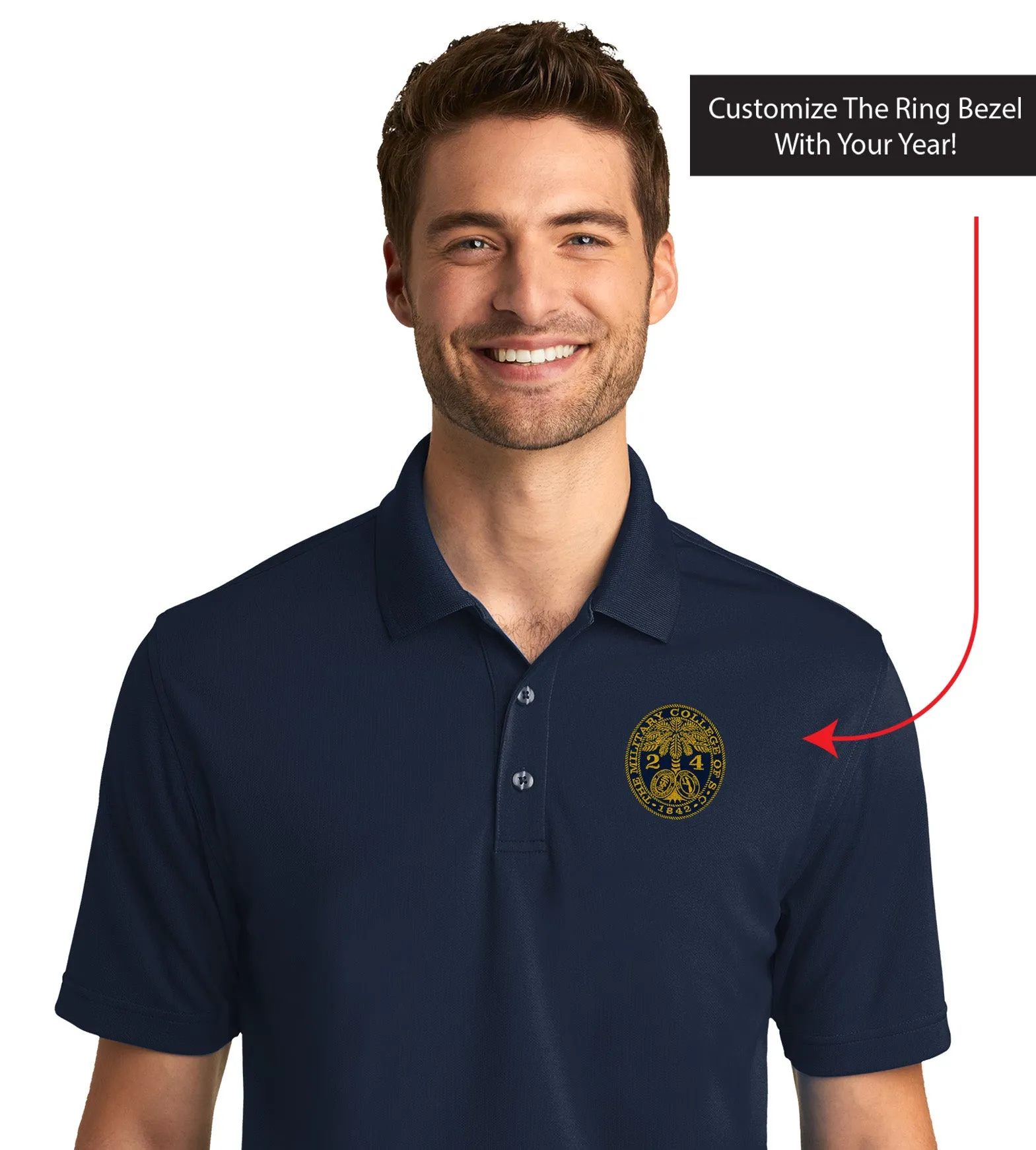 The Citadel, Customizable (Your Year) Embroidered Ring Bezel Design, UV Micro-Mesh Polo Shirt