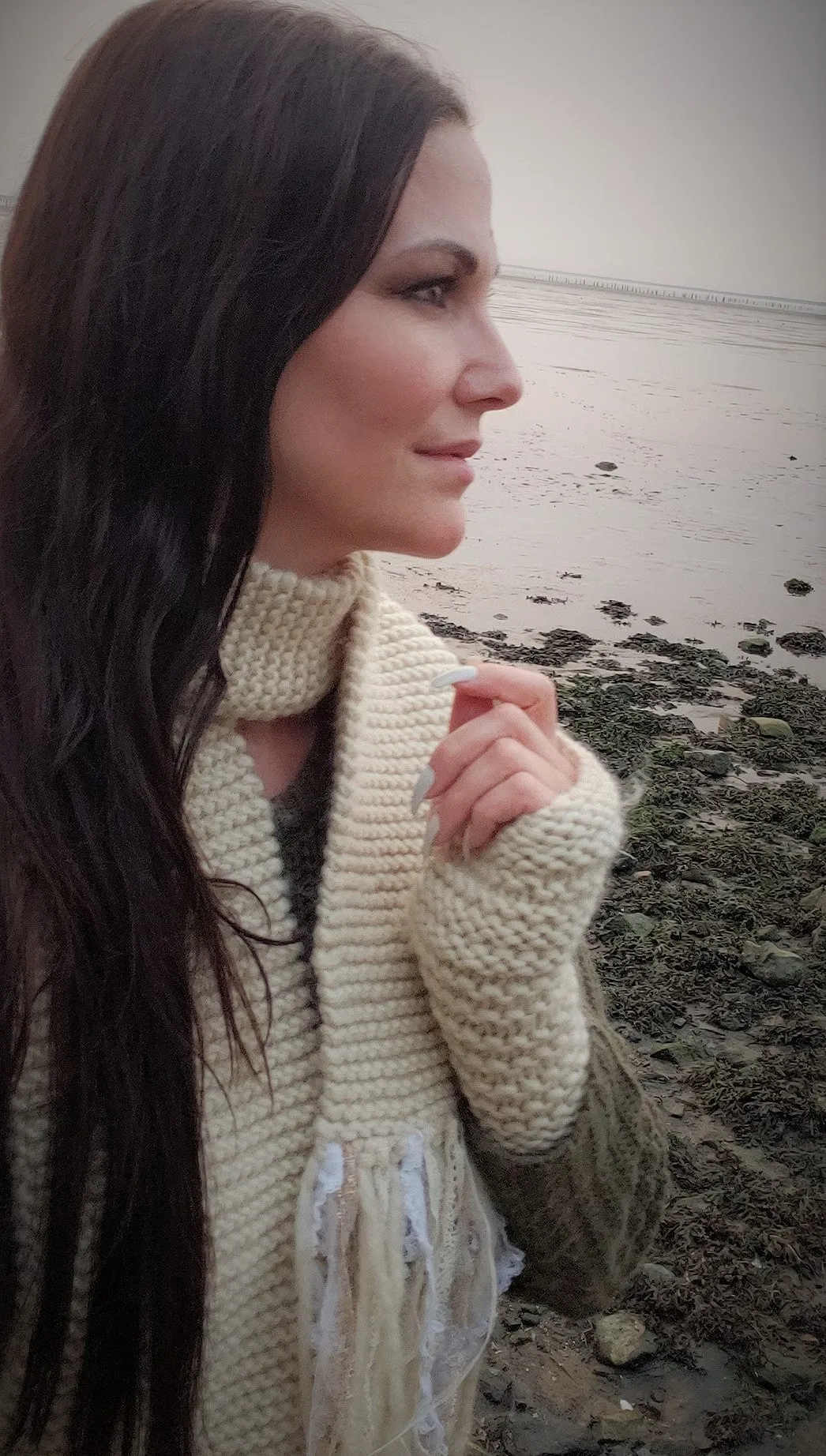 The "Fawn" Cream Knit Scarf with Vintage Lace Fringe