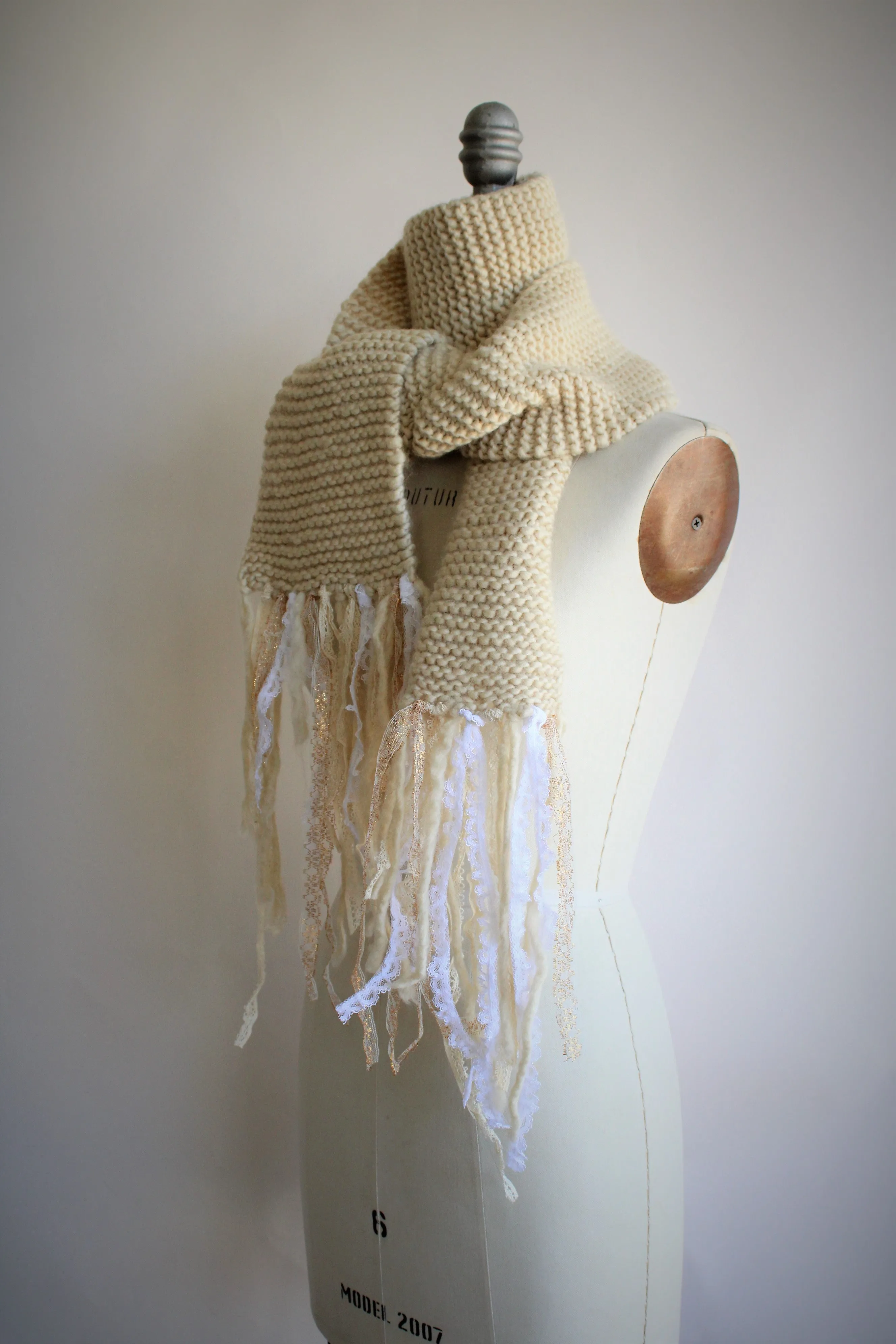 The "Fawn" Cream Knit Scarf with Vintage Lace Fringe