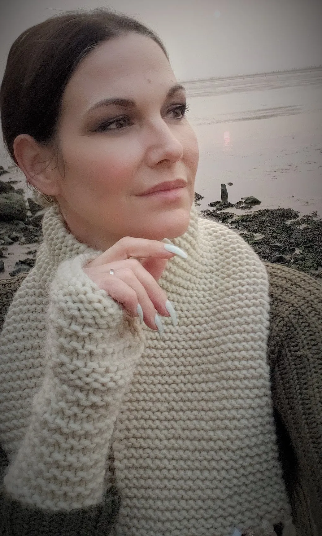The "Fawn" Cream Knit Scarf with Vintage Lace Fringe