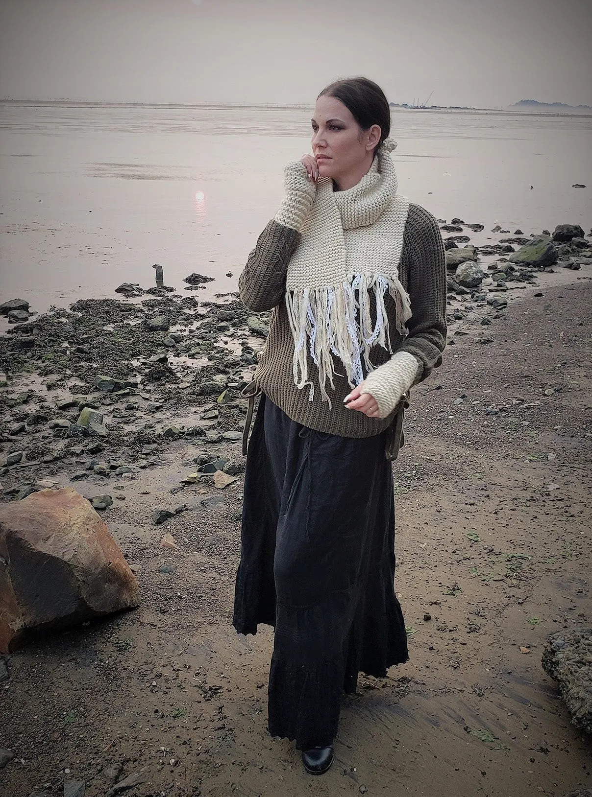 The "Fawn" Cream Knit Scarf with Vintage Lace Fringe