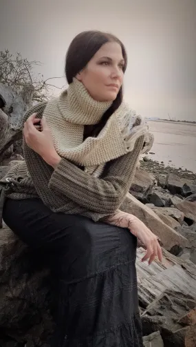 The "Fawn" Cream Knit Scarf with Vintage Lace Fringe