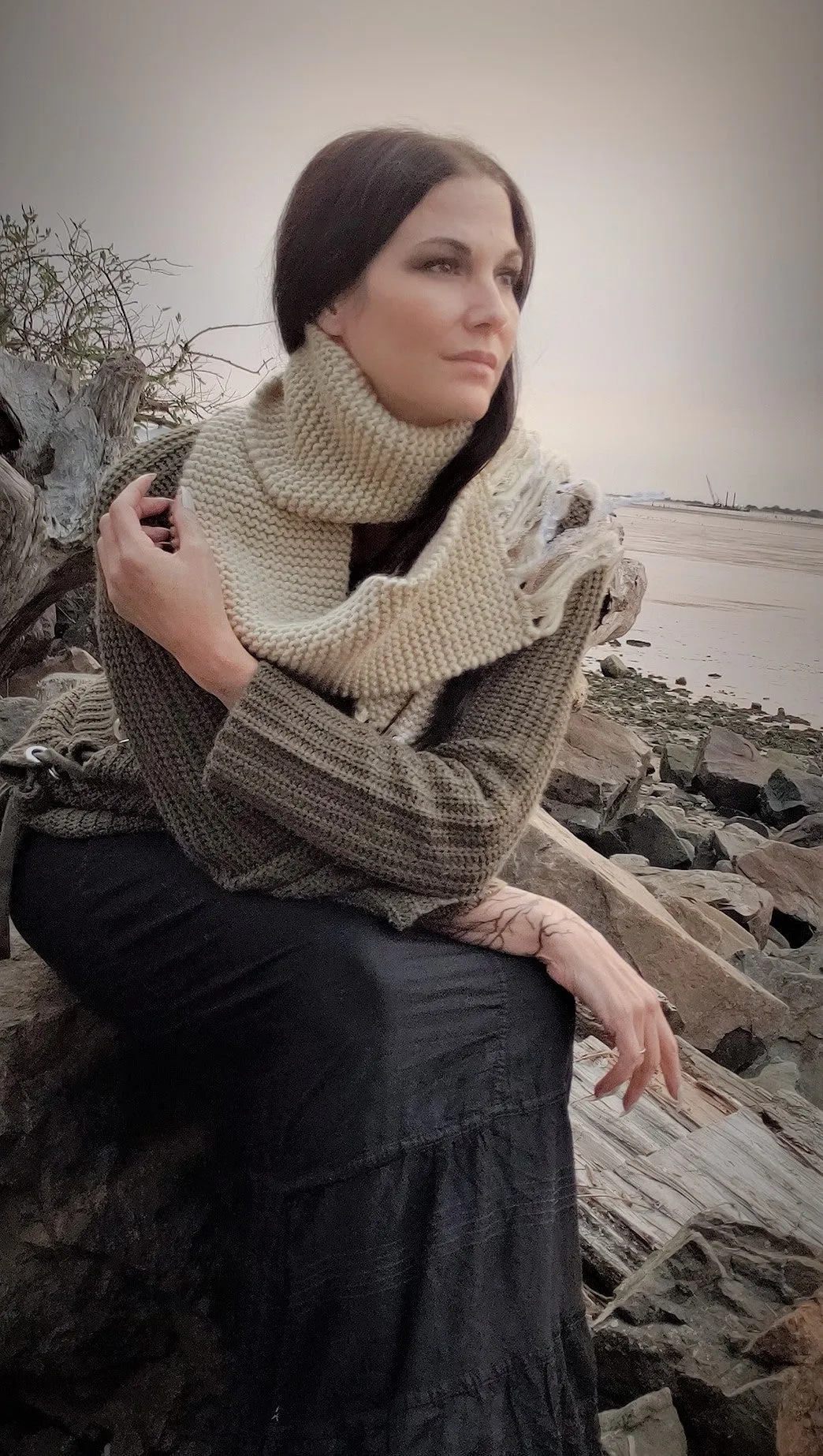 The "Fawn" Cream Knit Scarf with Vintage Lace Fringe