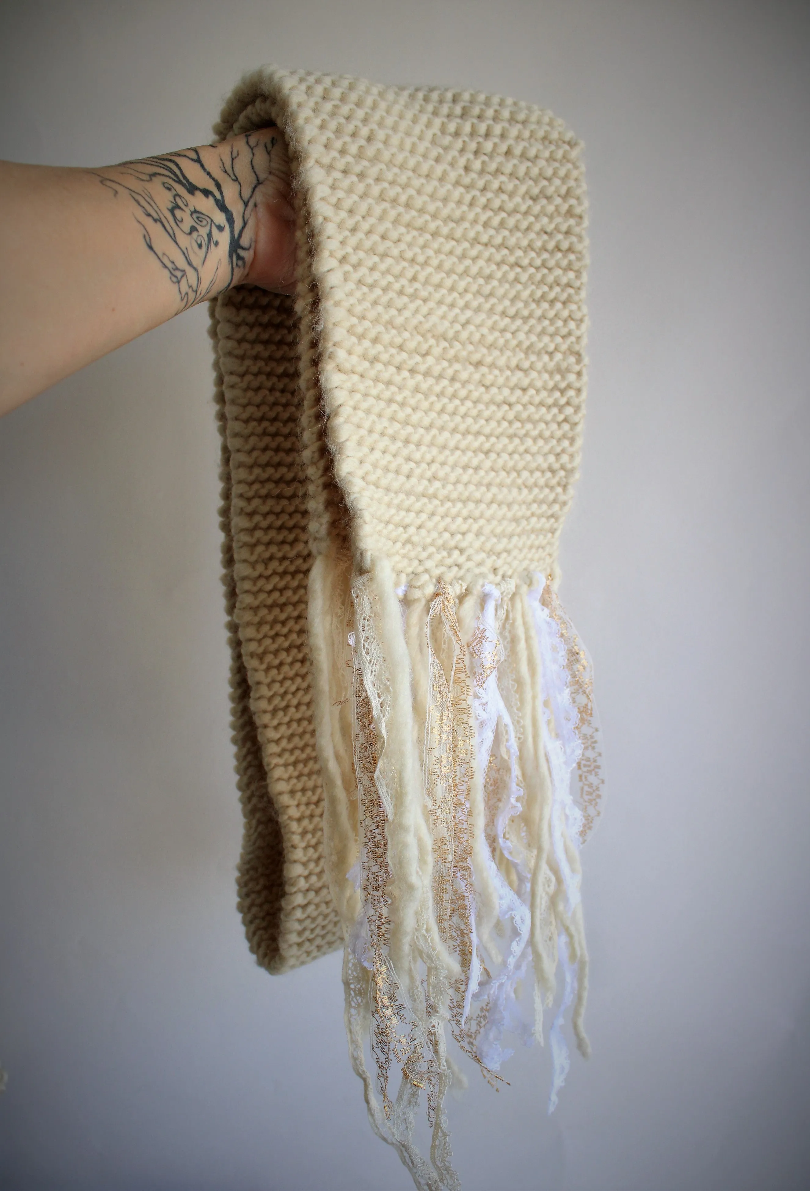 The "Fawn" Cream Knit Scarf with Vintage Lace Fringe