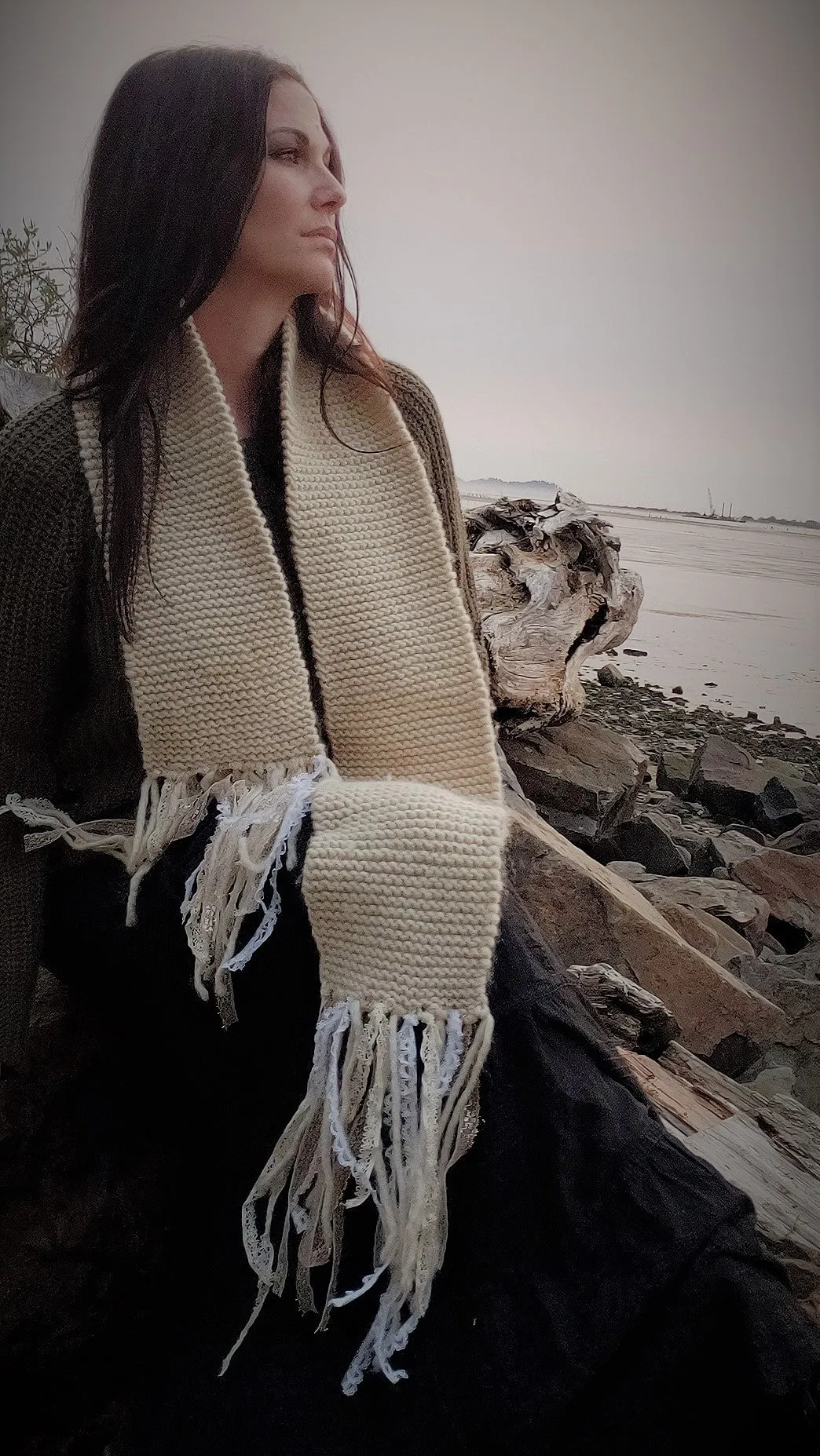 The "Fawn" Cream Knit Scarf with Vintage Lace Fringe