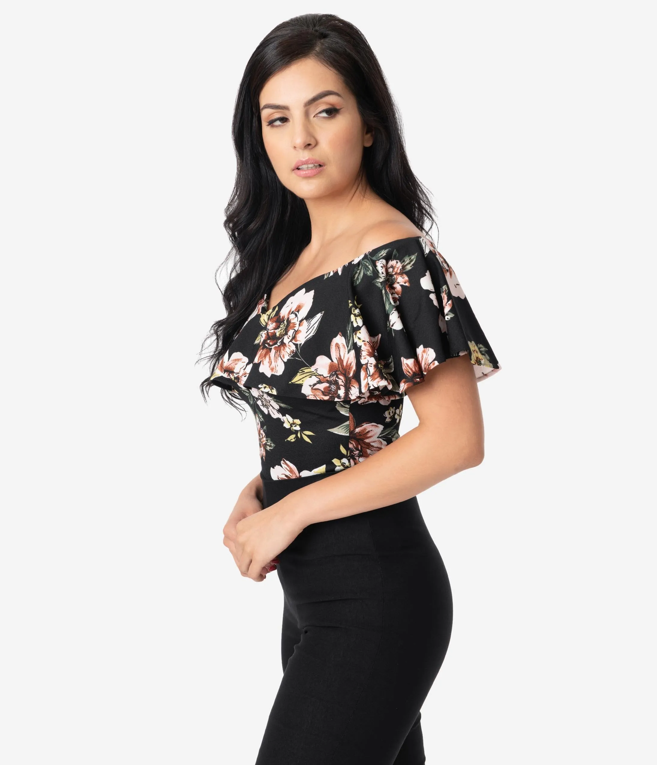 Unique Vintage 1950s Black Floral Off Shoulder Ruffle Frenchie Top