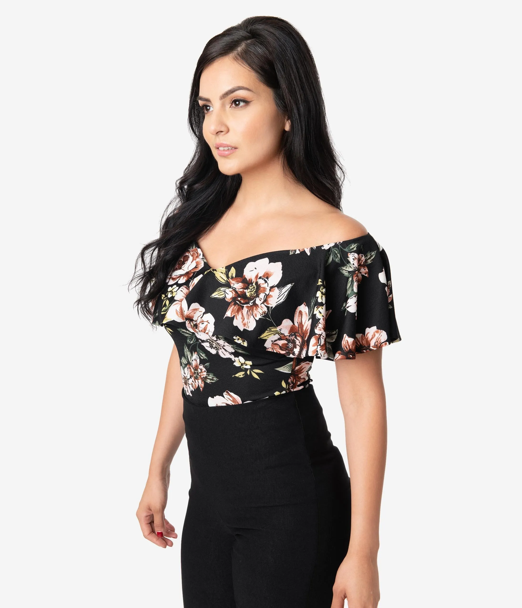 Unique Vintage 1950s Black Floral Off Shoulder Ruffle Frenchie Top