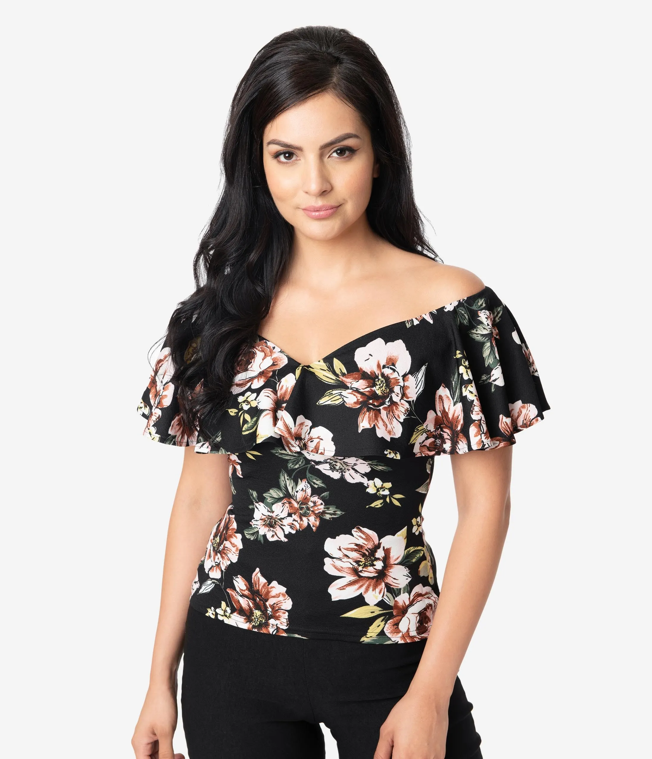 Unique Vintage 1950s Black Floral Off Shoulder Ruffle Frenchie Top
