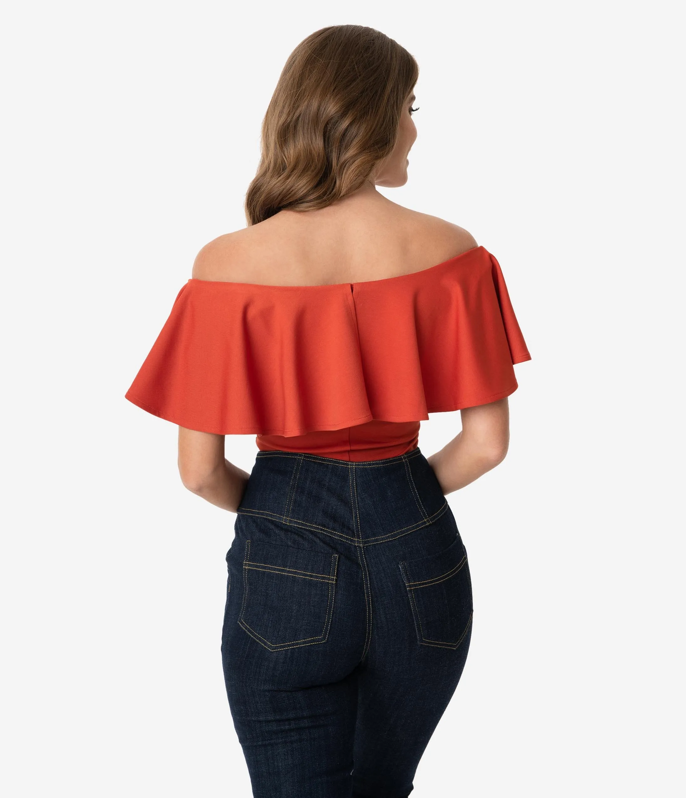 Unique Vintage 1950s Paprika Off Shoulder Ruffle Frenchie Top