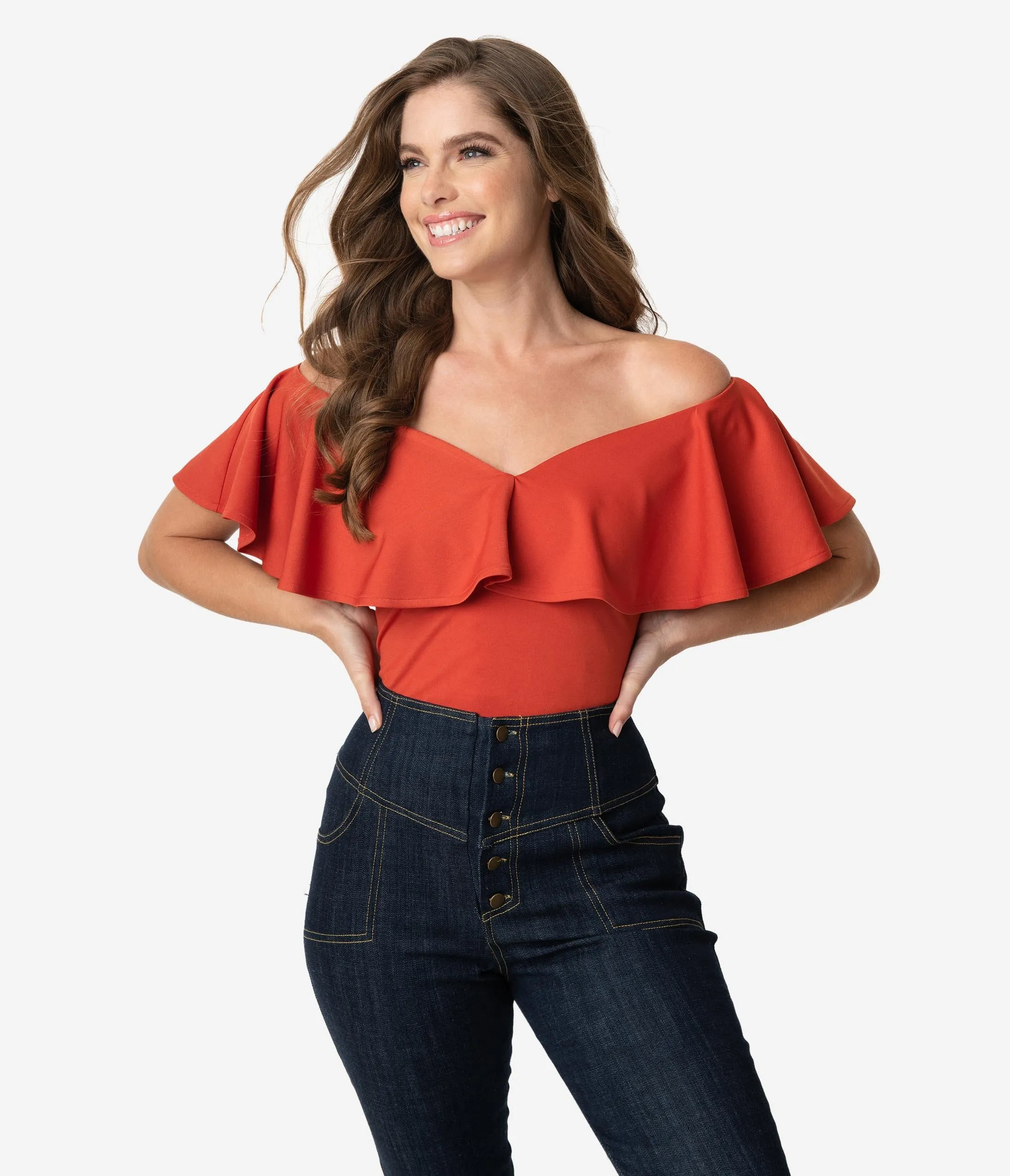 Unique Vintage 1950s Paprika Off Shoulder Ruffle Frenchie Top