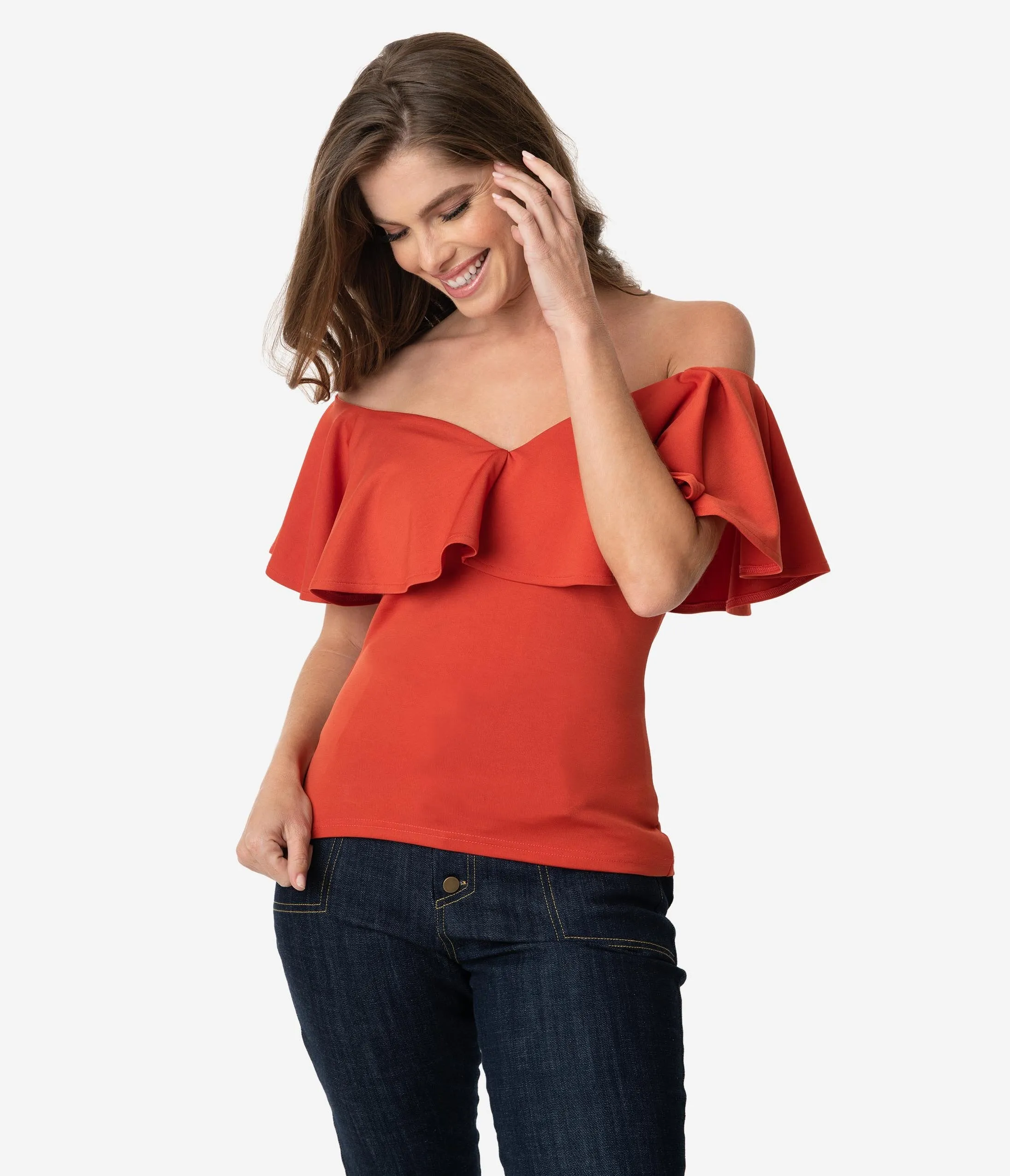 Unique Vintage 1950s Paprika Off Shoulder Ruffle Frenchie Top