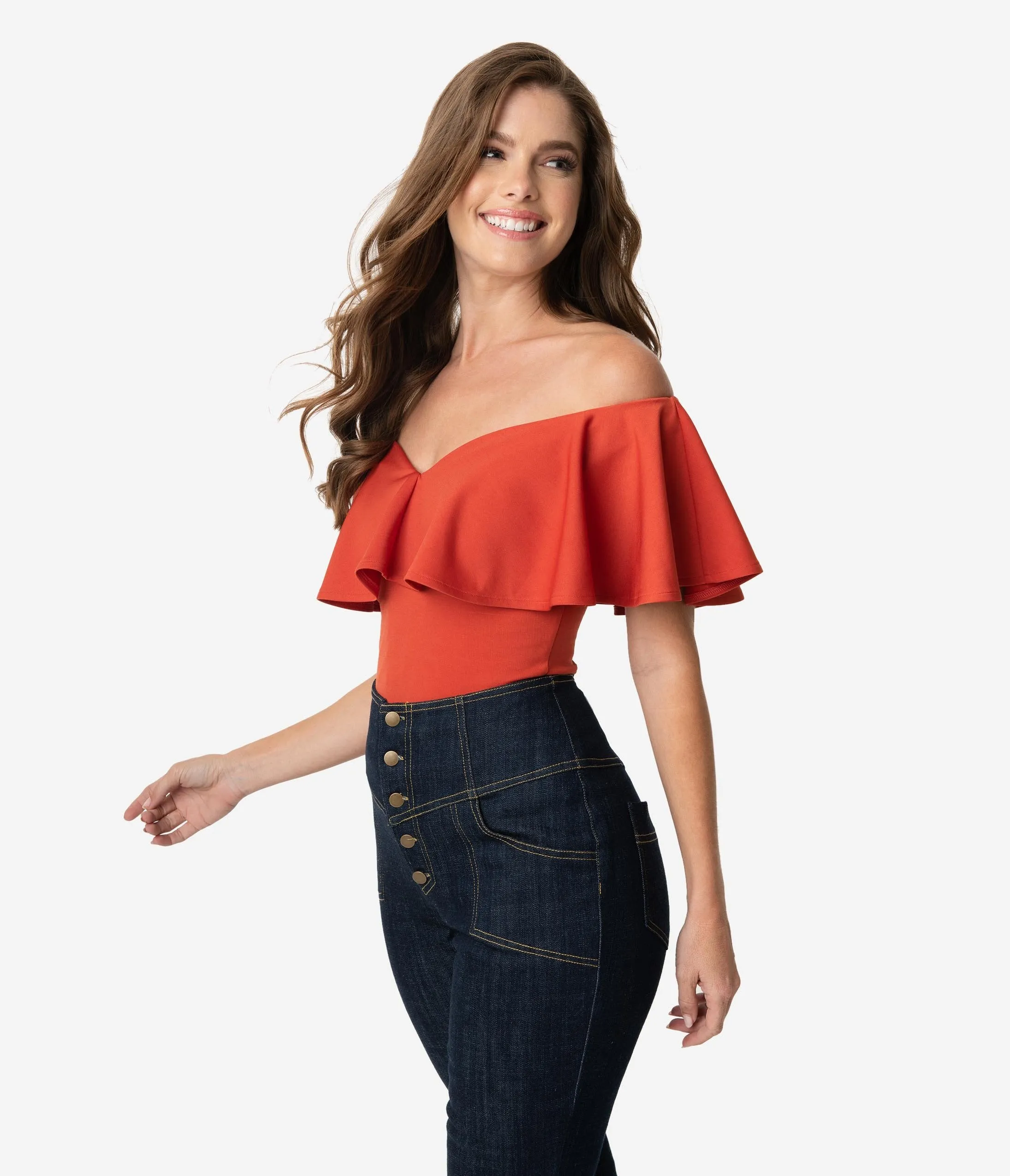Unique Vintage 1950s Paprika Off Shoulder Ruffle Frenchie Top