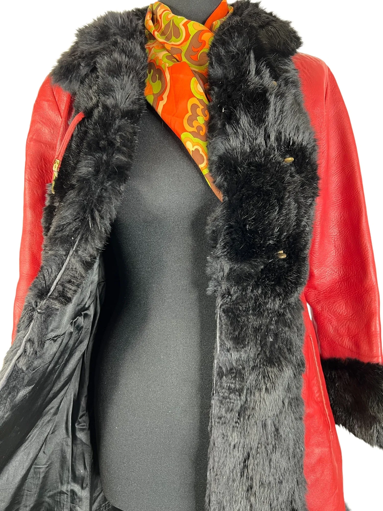 Vintage 1970s Leather Coney Fur Trim Twist Lock Coat in Red - Size UK 10