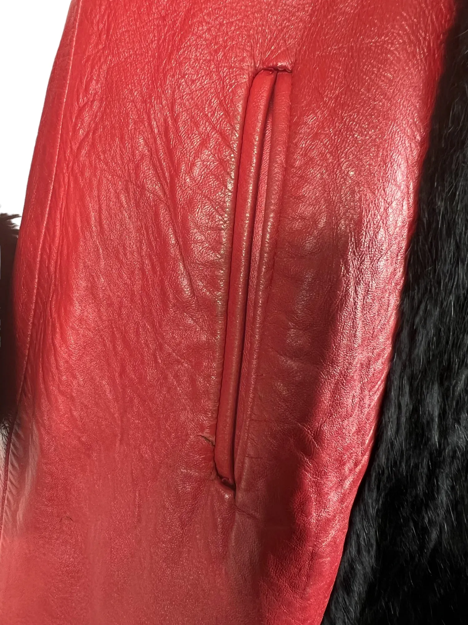 Vintage 1970s Leather Coney Fur Trim Twist Lock Coat in Red - Size UK 10