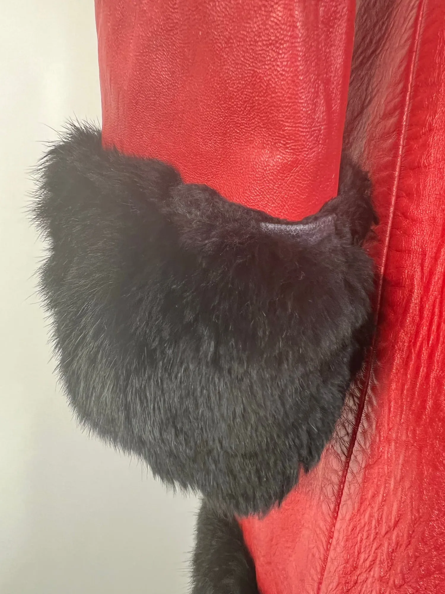 Vintage 1970s Leather Coney Fur Trim Twist Lock Coat in Red - Size UK 10