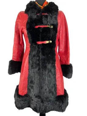 Vintage 1970s Leather Coney Fur Trim Twist Lock Coat in Red - Size UK 10