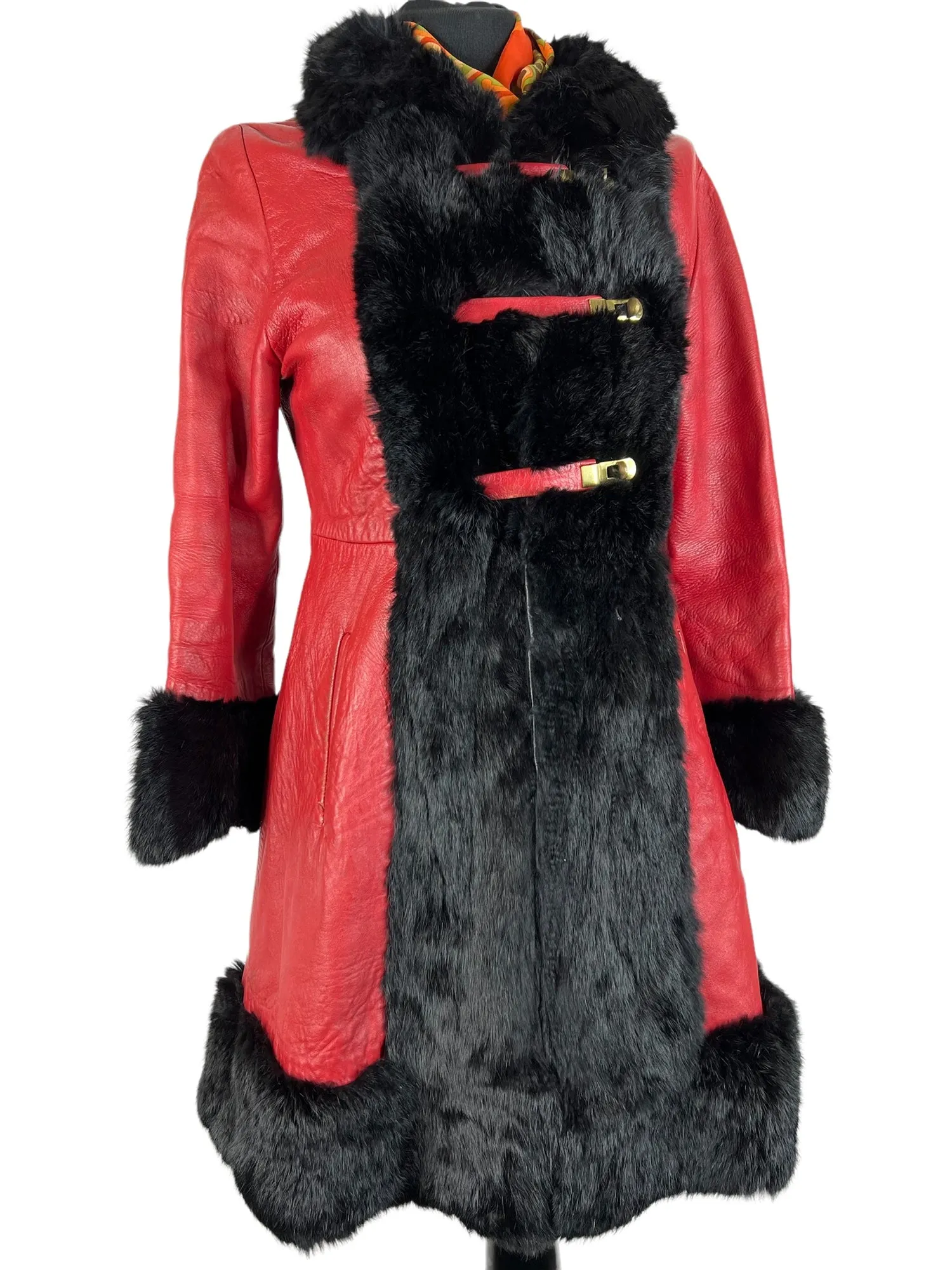 Vintage 1970s Leather Coney Fur Trim Twist Lock Coat in Red - Size UK 10