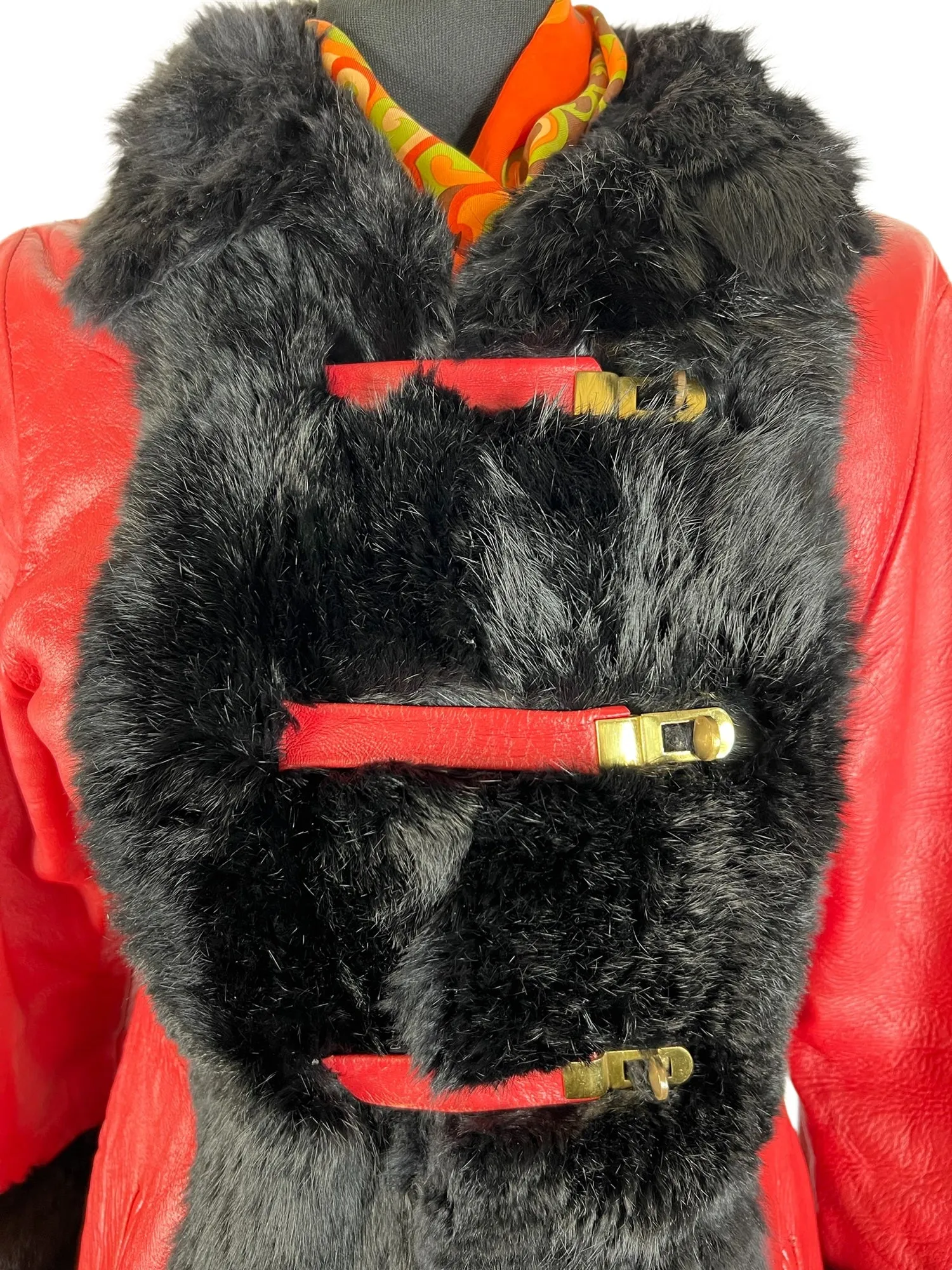 Vintage 1970s Leather Coney Fur Trim Twist Lock Coat in Red - Size UK 10