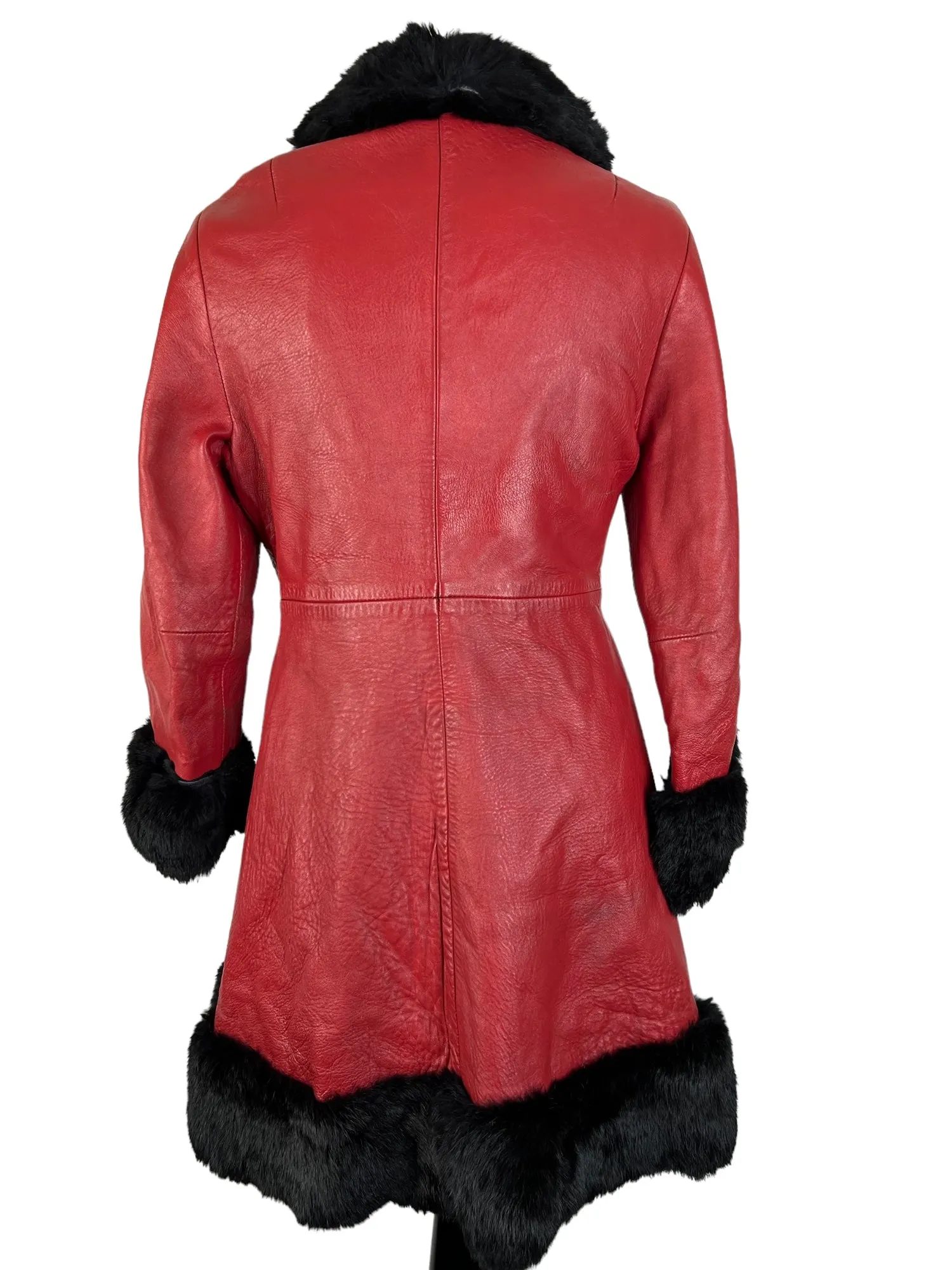 Vintage 1970s Leather Coney Fur Trim Twist Lock Coat in Red - Size UK 10