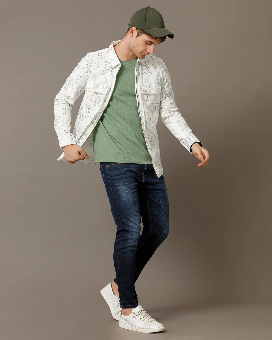 Voi Jeans Mens Off White AOP Regular Fit Shacket