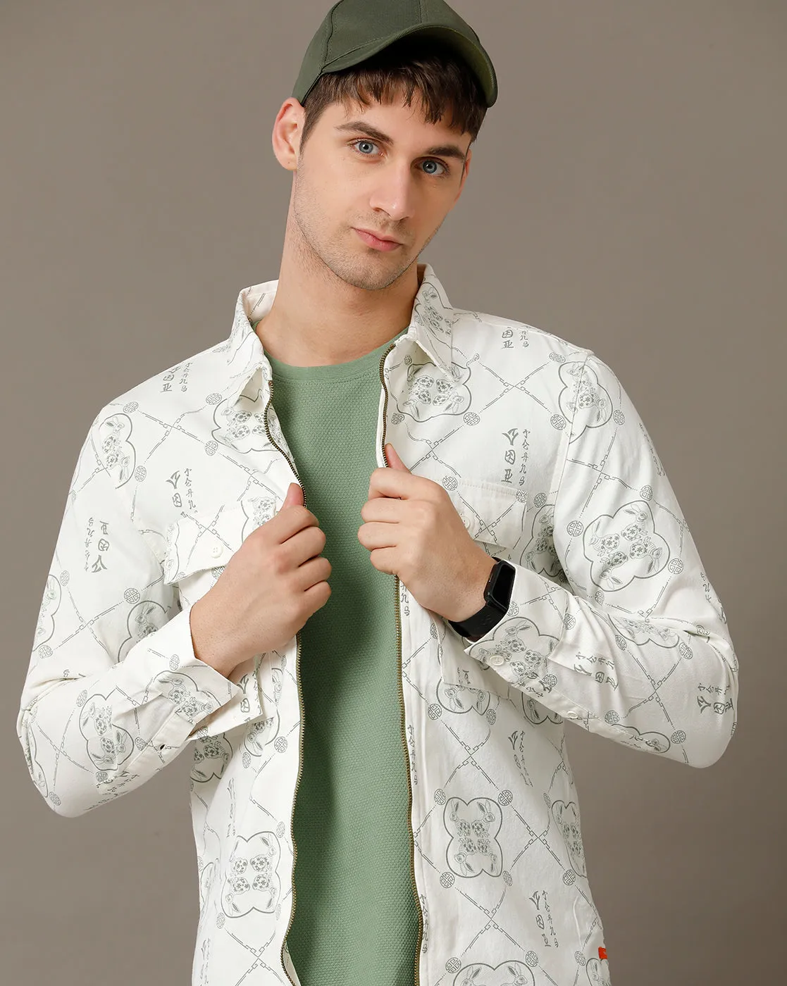 Voi Jeans Mens Off White AOP Regular Fit Shacket
