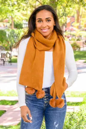 W23 Knitted Fuzzy Pom Pom Scarf In Ginger