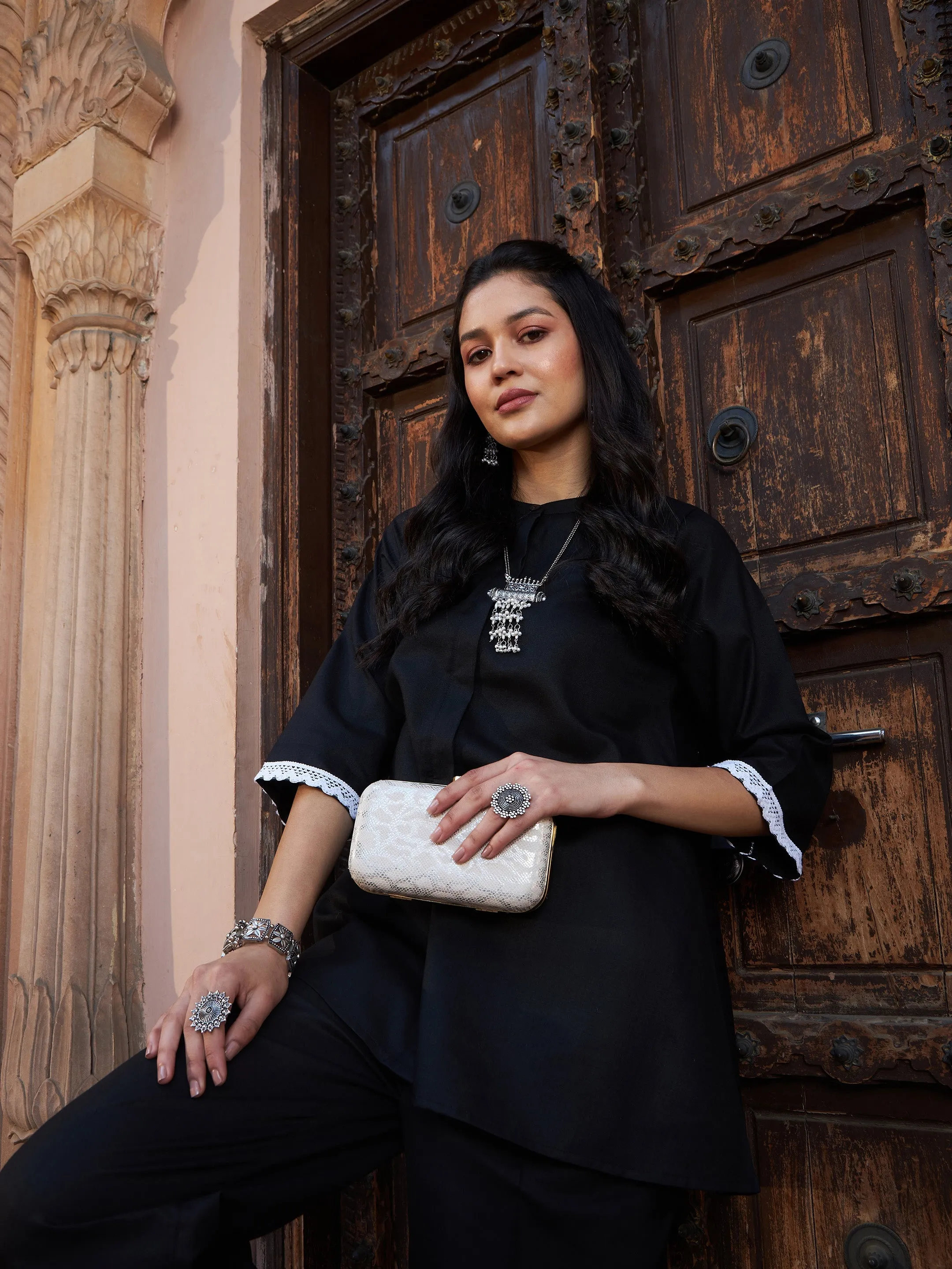 Women Black Lace Detail Short Kurti With Palazzos