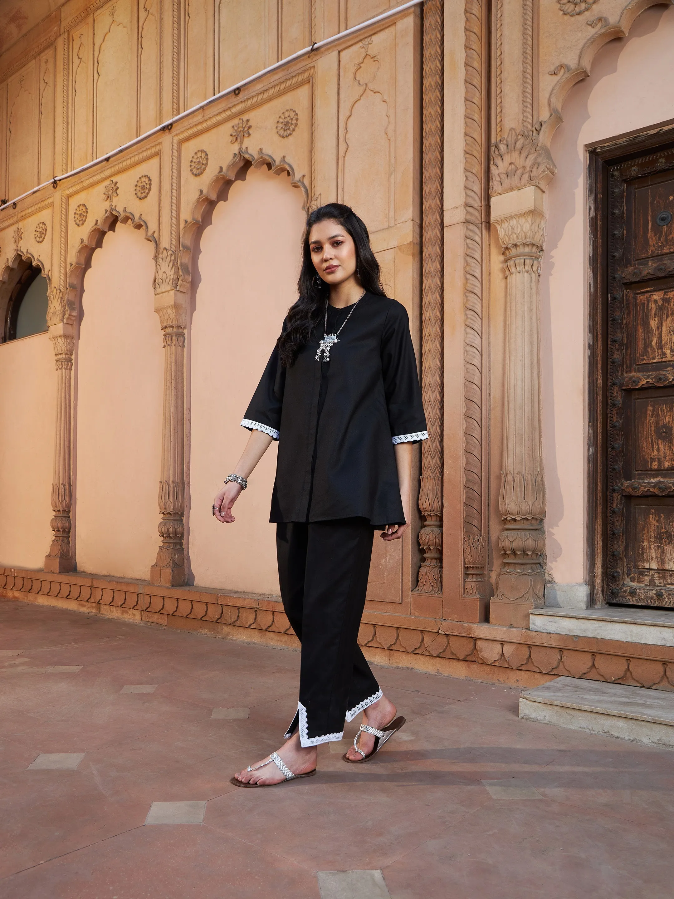 Women Black Lace Detail Short Kurti With Palazzos