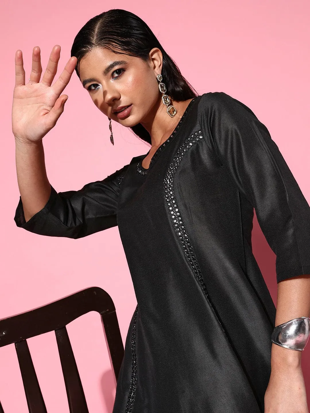 Women Black Mirror Embroidered A-Line Kurta With Pants