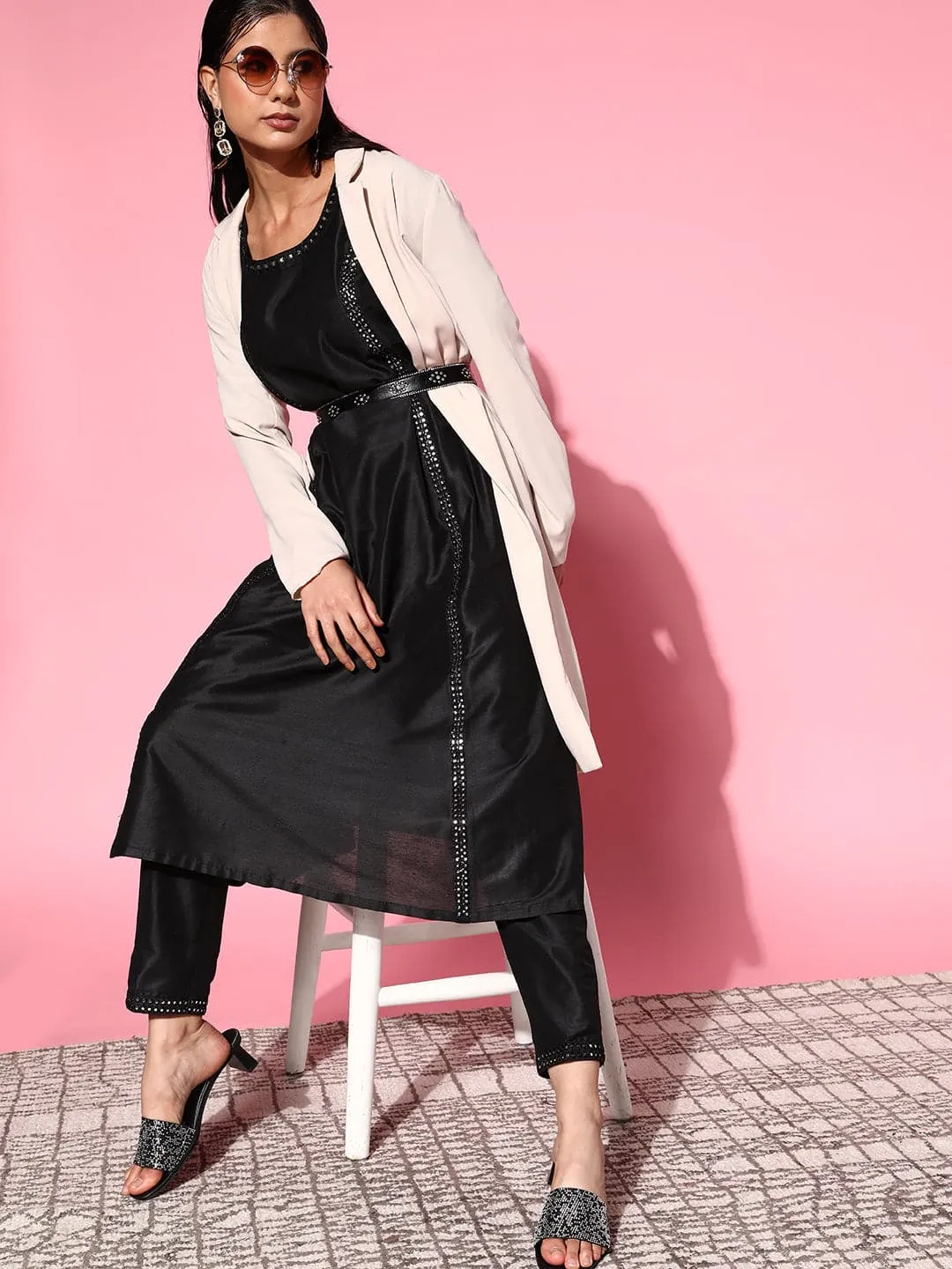 Women Black Mirror Embroidered A Line Kurta