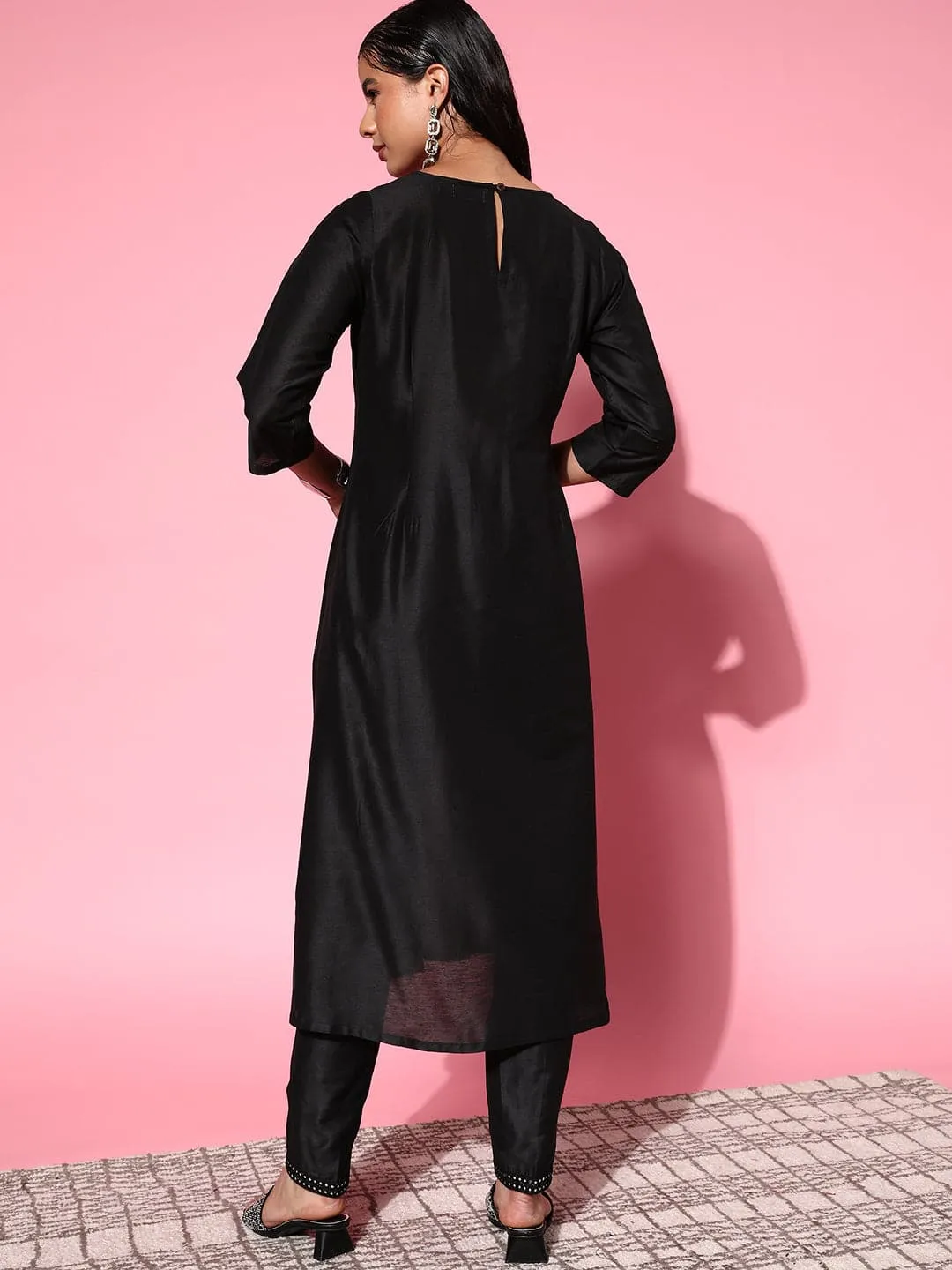 Women Black Mirror Embroidered A Line Kurta