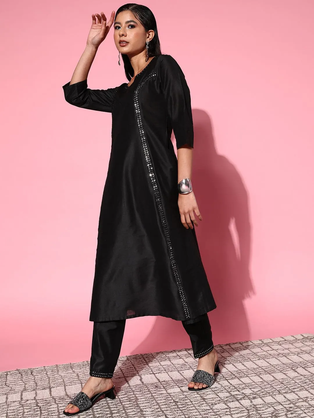 Women Black Mirror Embroidered A Line Kurta