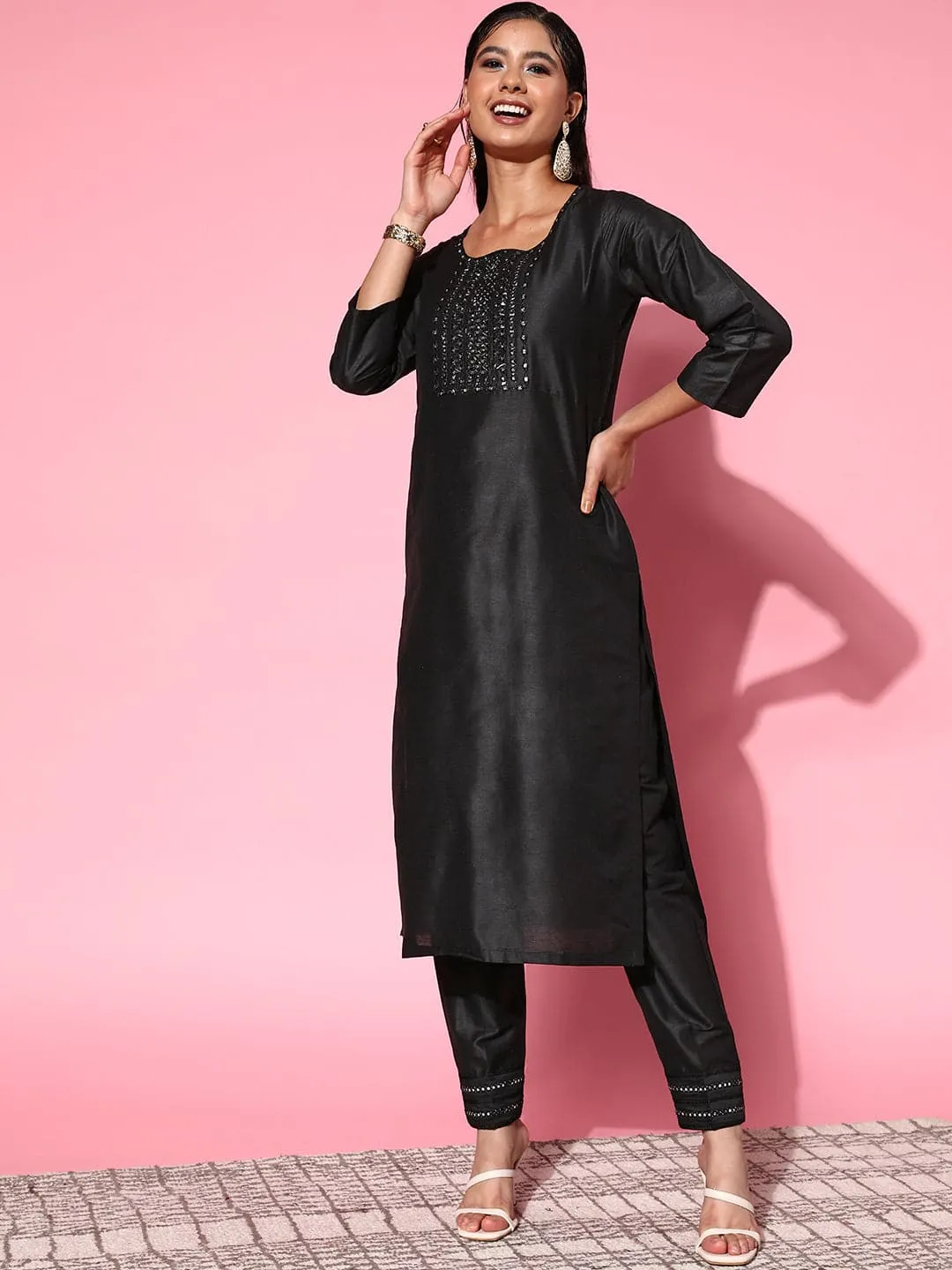 Women Black Mirror Embroidered Kurta