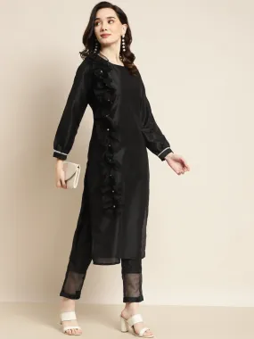 Women Black Organza Ruffle Dupatta Kurta With Pencil Pants