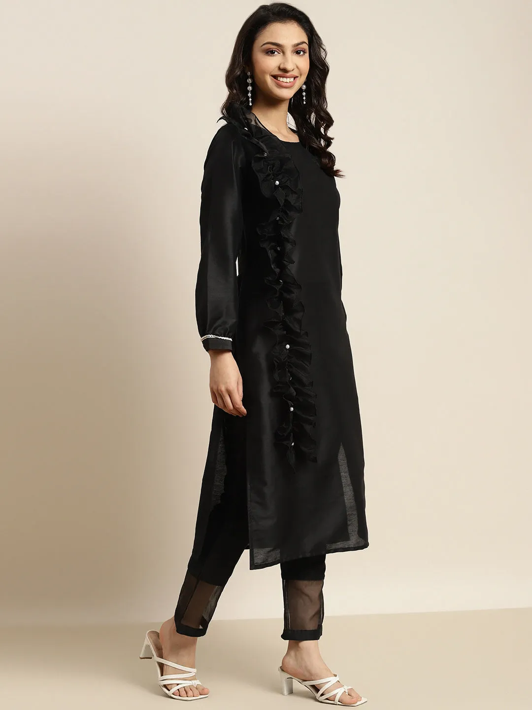Women Black Organza Ruffle Dupatta Straight Kurta