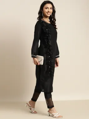 Women Black Organza Ruffle Dupatta Straight Kurta