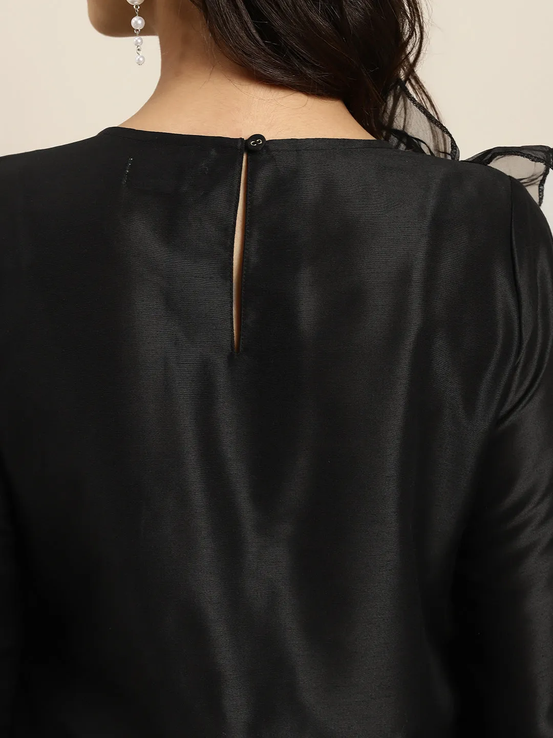 Women Black Organza Ruffle Dupatta Straight Kurta