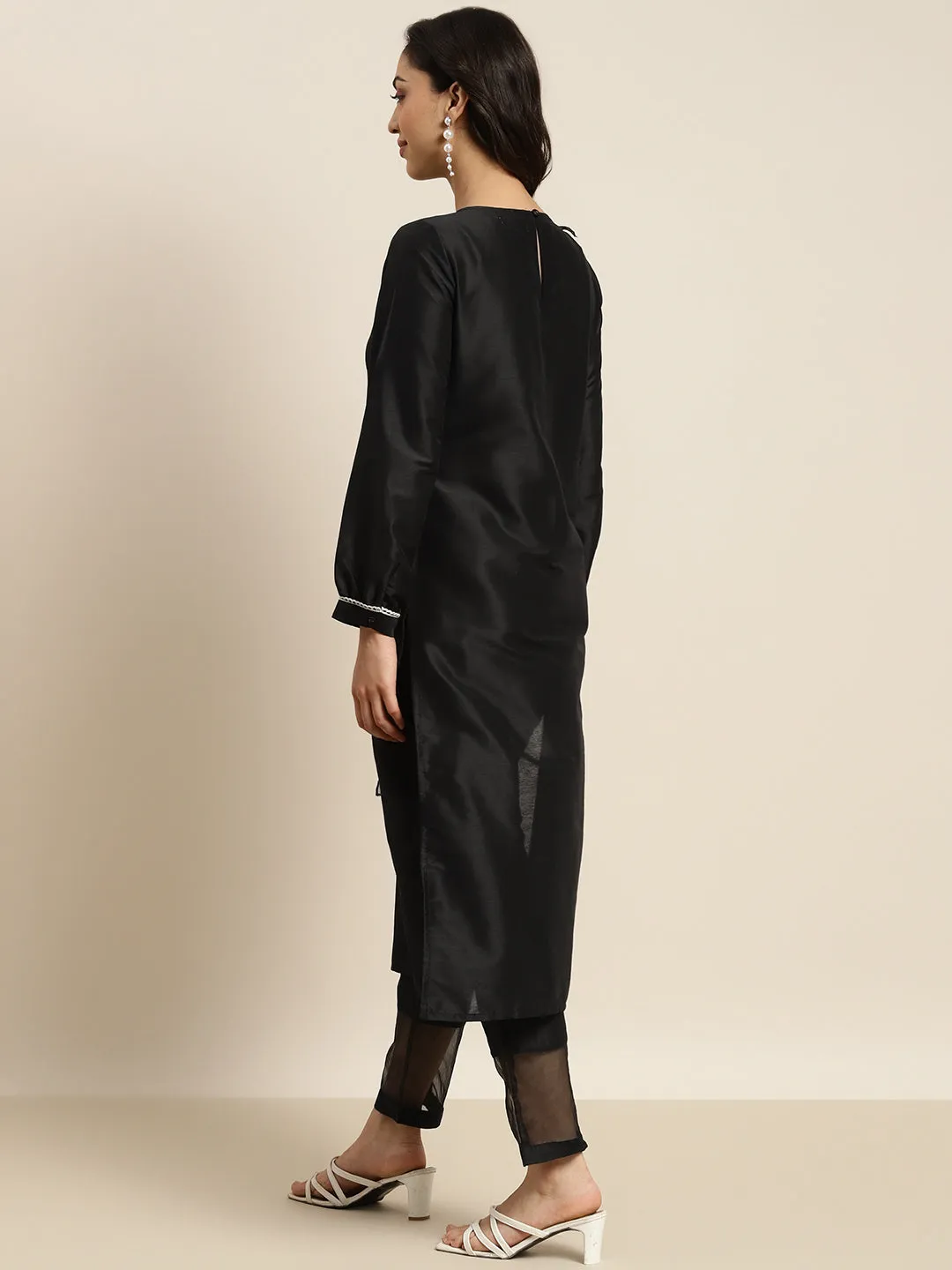 Women Black Organza Ruffle Dupatta Straight Kurta
