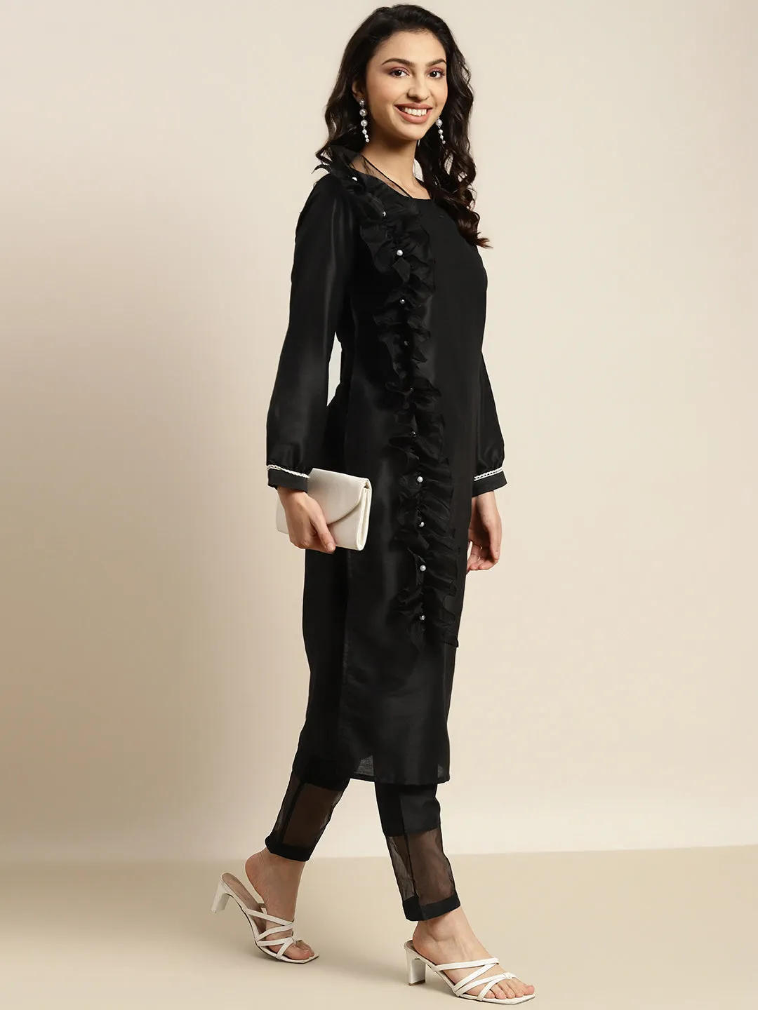 Women Black Organza Ruffle Dupatta Straight Kurta