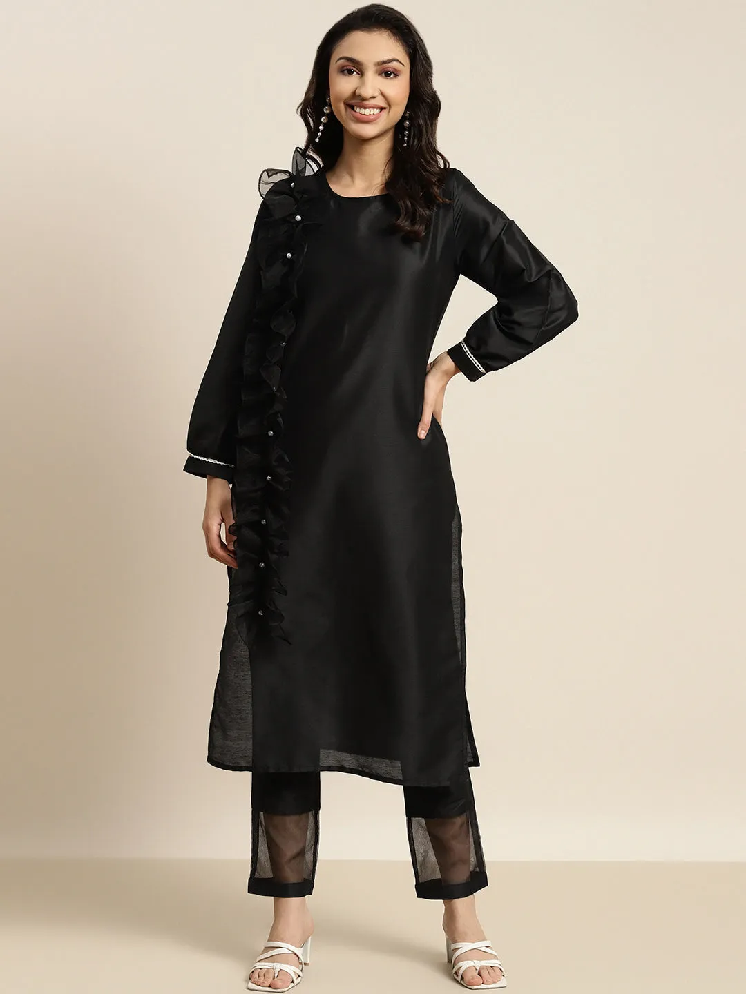 Women Black Organza Ruffle Dupatta Straight Kurta
