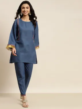 Women Blue Embroidered Short Kurta With Pencil Pants
