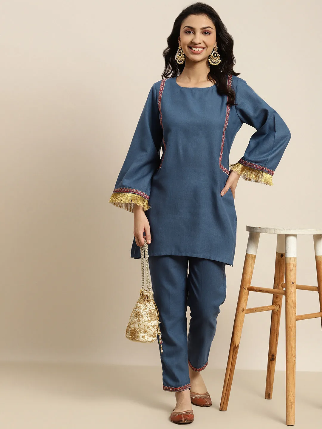 Women Blue Embroidered Short Kurta