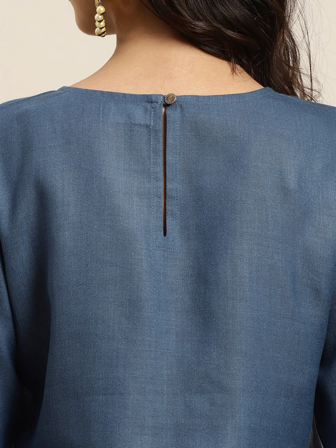 Women Blue Embroidered Short Kurta