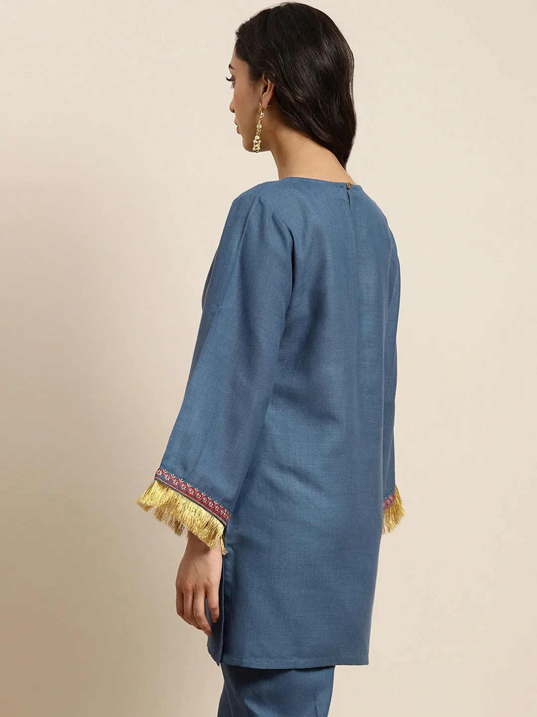 Women Blue Embroidered Short Kurta