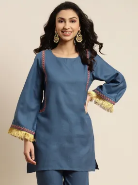 Women Blue Embroidered Short Kurta