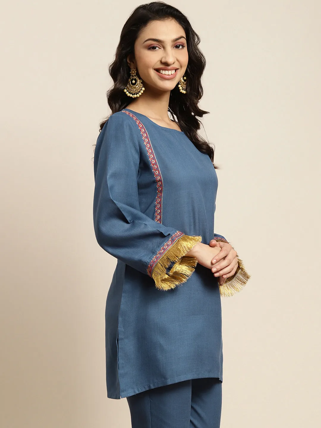 Women Blue Embroidered Short Kurta