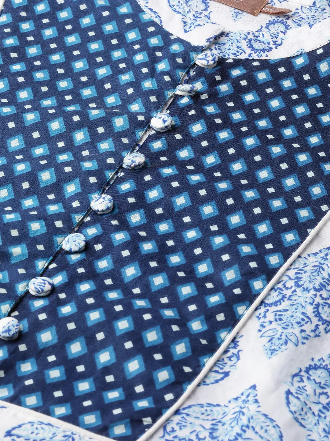 Women Blue Motif Floral Straight Yoke Kurta